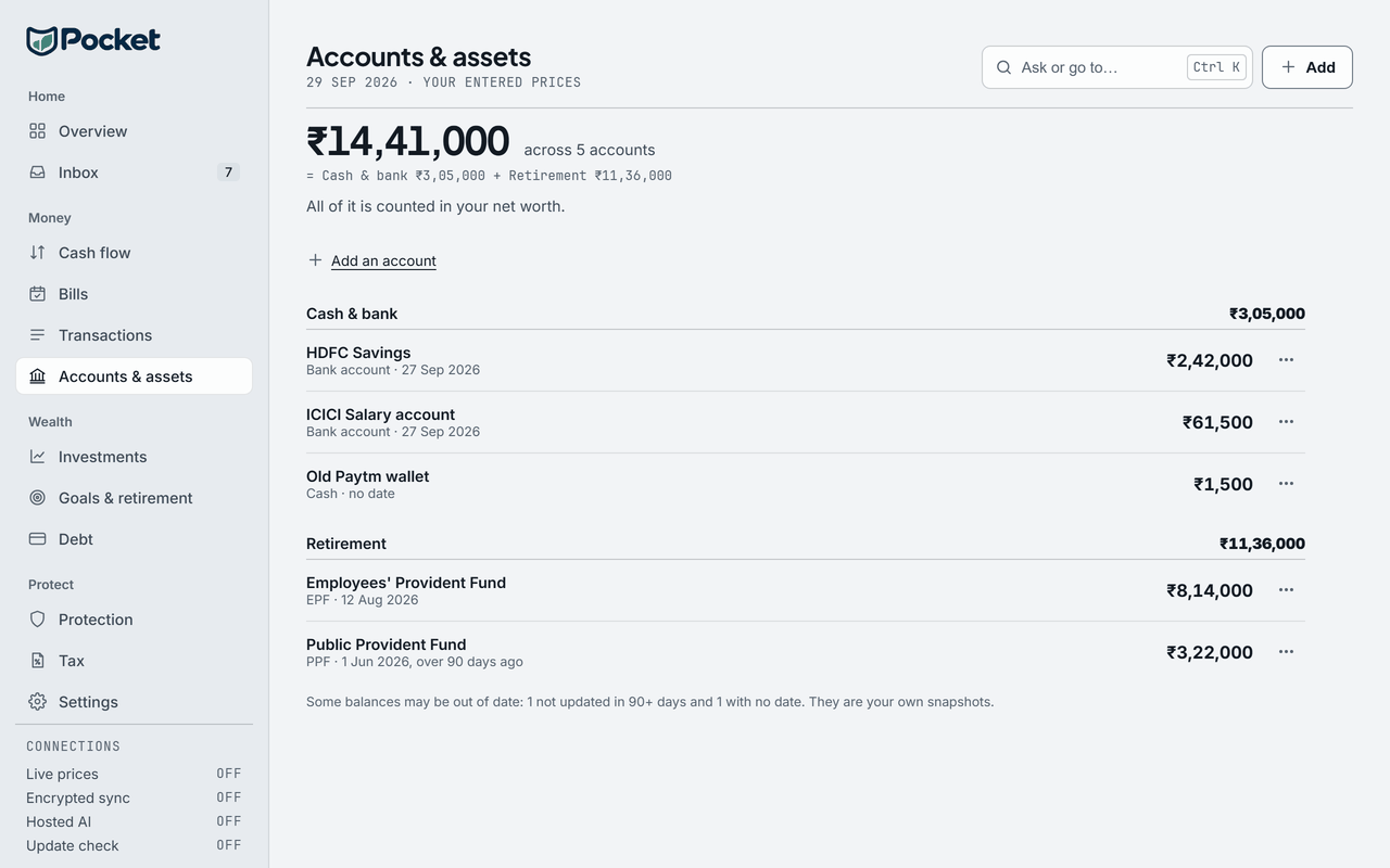 Pocket's Accounts & assets, on the sample person's data.