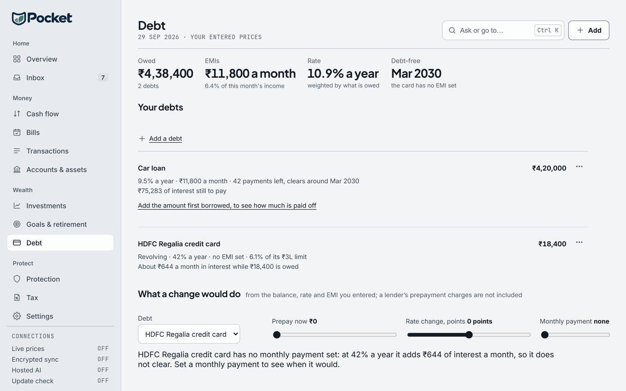 Pocket's Debt page, on the sample person's data.
