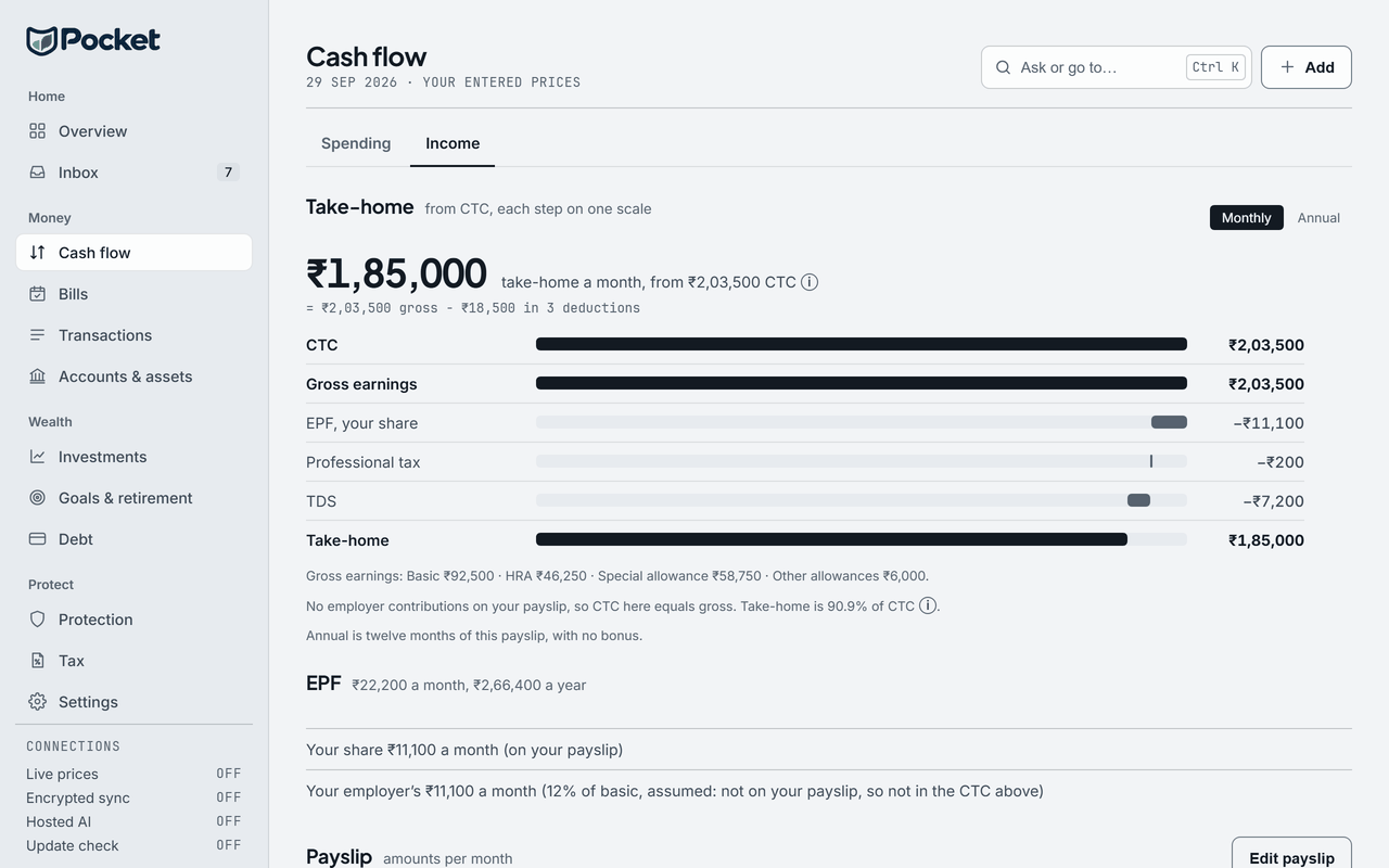 Pocket's Income and payslip, on Cash flow, on the sample person's data.