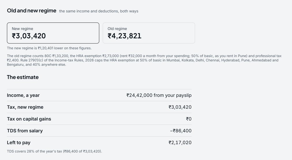 Pocket's Tax page: both regimes on the payslip's figures, and the year's estimate, on the sample person's data.