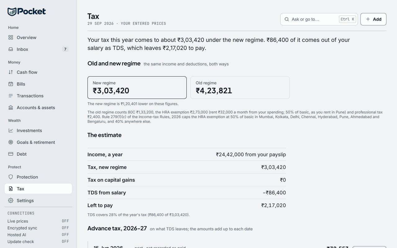 Pocket's Tax page, on the sample person's data.