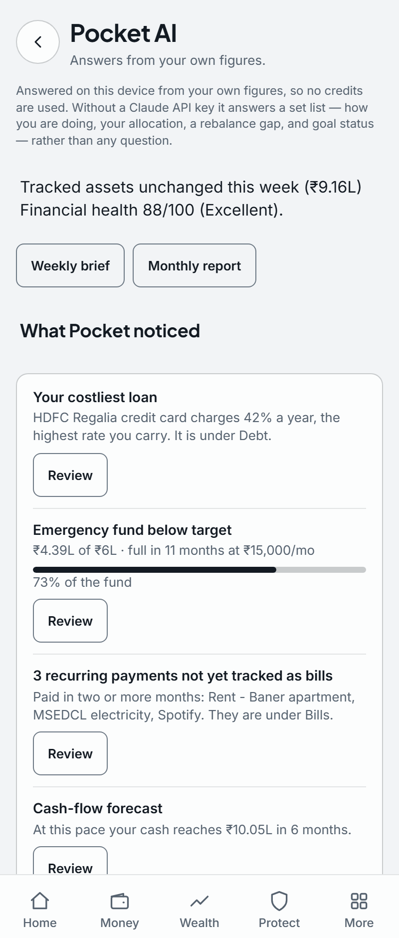 The real Pocket AI screen — daily brief with health ring and what Pocket noticed, all computed on-device