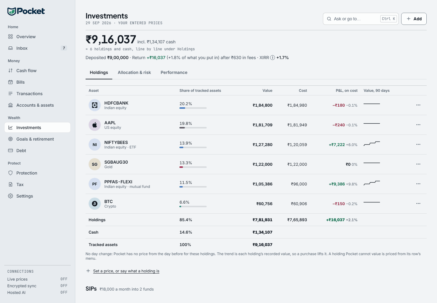 The real Pocket app on sample data: the Investments module (portfolio overview, diversification score, asset allocation and AI insights) on desktop, the home screen on a phone